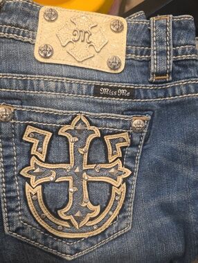 Miss Me Blue Denim Jeans with Tan Embroidered Back Pocket